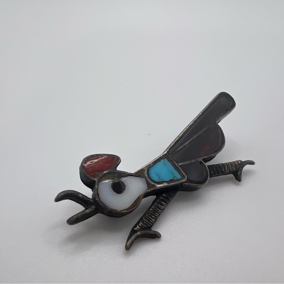 Multi Gemstone Turquoise, Spiny Oyster Inlay Sterling Silver 925 Bird Brooch Pin - Picture 2 of 3